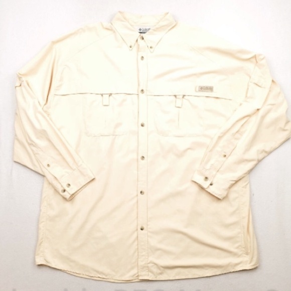 Columbia PFG Mens Cream Button Up Fishing Shirt Sz XL Vented Long Sleeve Pocket - Picture 1 of 7